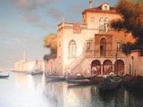 a painting of a building on the side of the water
