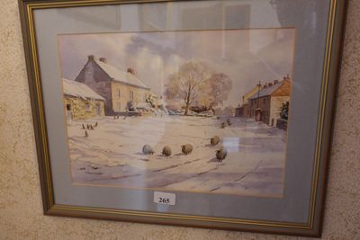 framed picture of a painting of a farm scene with a barn in the background