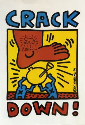 a painting of a hand holding a piece of paper that says crack down