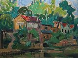 painting of a painting of a house by a river with trees in the background