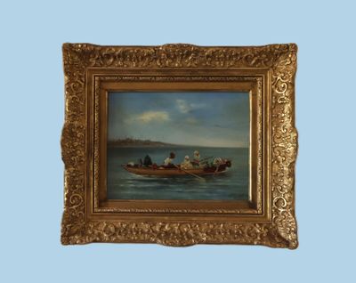 a picture of a painting of a boat in the water