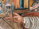 an image of a painting of a woman writing a book