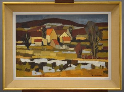 une image représentant un tableau représentant une scène de vie à la ferme, avec un cheval au premier plan