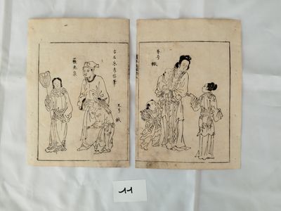 paire de peintures japonaises anciennes réalisées à partir de gravures sur bois représentant des hommes et des femmes