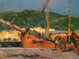 a painting of a boat that is sitting on the water