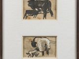 two black and white pictures of cows and a cow in a field