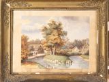 an image of a painting of a farm scene with a pond in the foreground