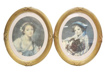 two framed pictures of a woman and a child in a gold frame