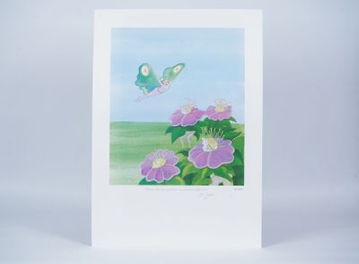 a painting of a butterfly flying over a purple flower