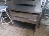 plan de travail en acier inoxydable avec tabourets dans une cuisine professionnelle