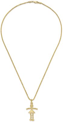 a gold necklace with a cross pendant on a chain