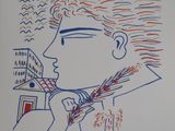 drawing of a man holding a knife in his right hand and a building in the background