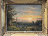 an oil painting of a landscape with a sunset in the distance