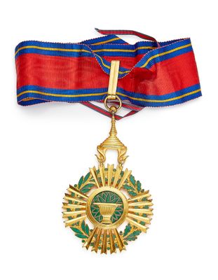 un gros plan d'une médaille sur un ruban, entourée d'un ruban