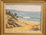 an oil painting of a beach scene in a gold frame