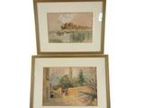 paire d'aquarelles représentant une scène de vie à la ferme