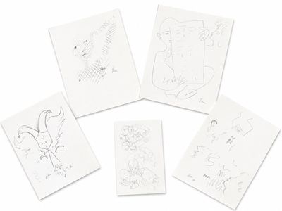 four cards with drawings of animals and birds on them on a white surface