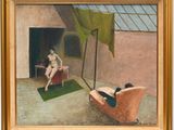 an image of a painting of a woman sitting on a couch in a room