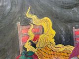a painting of a corn on a table next to a plate of food