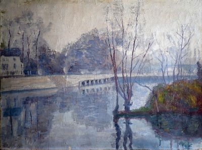 un tableau représentant un homme et une femme marchant au bord d'une rivière