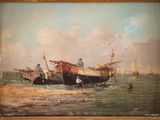 an oil painting of a man standing on a boat in a body of water