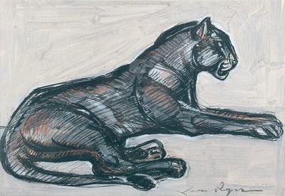 tableau représentant un chat noir allongé sur une surface blanche