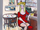tableau représentant une femme en robe rouge assise à une table