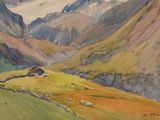 a painting of a mountain scene with a house in the foreground
