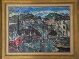 a painting of a bridge over a river with boats in it