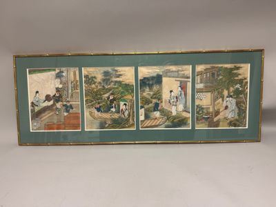 three framed pictures of people on a porch with a dog