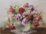 a painting of a vase of flowers on a table