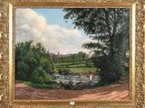 a painting of a landscape with a river in the foreground and trees in the foreground