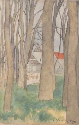 a picture of a painting of a house in the woods