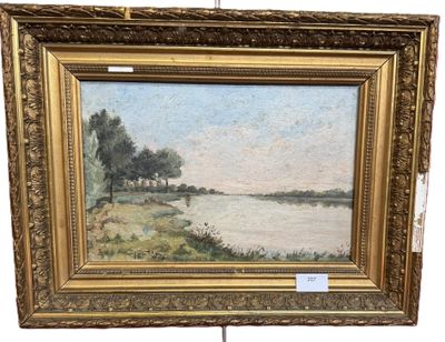 an image of a painting of a river with a house in the background