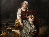 un tableau représentant une femme portant un enfant dans un panier