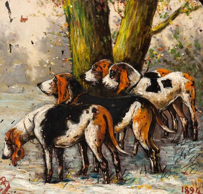 une peinture à l'huile représentant un groupe de chiens près d'un arbre