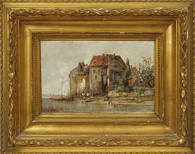 an oil painting of a house by the water with a boat in the foreground