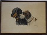 tableau représentant deux chiens assis l'un à côté de l'autre devant un mur blanc