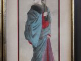 painting of a woman in a blue kimono holding an umbrella