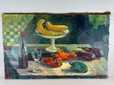 a painting of bananas and peppers on a table