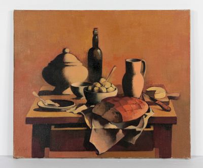 un tableau représentant une table sur laquelle se trouvent un vase, un bol et d'autres objets