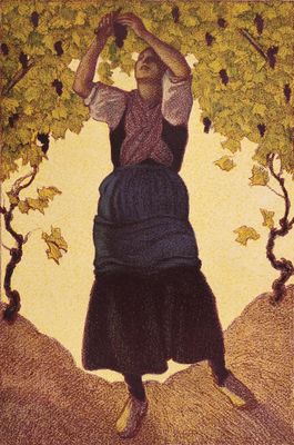 tableau représentant une femme cueillant des raisins sur un arbre dans un champ