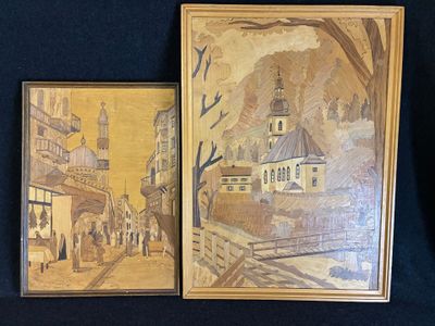 Deux panneaux en marqueterie figurant une scène animée et un…