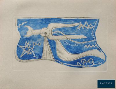 dessin représentant un drapeau bleu et blanc orné d'étoiles et d'un oiseau