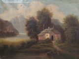 tableau représentant une maison au bord d'un lac, avec un bateau sur l'eau
