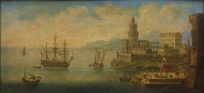 painting of a view of a harbor with ships in the water and a castle in the distance