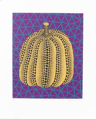 an image of a painting of a pumpkin on a purple background