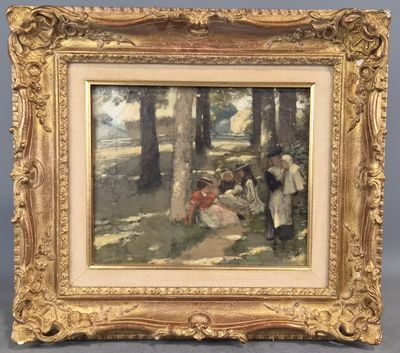 une image représentant un tableau où l'on voit un groupe de personnes dans les bois