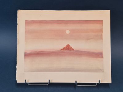 un tableau représentant une personne assise sur un rocher au milieu de l'océan