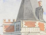 a painting of a building with a clock tower on it
